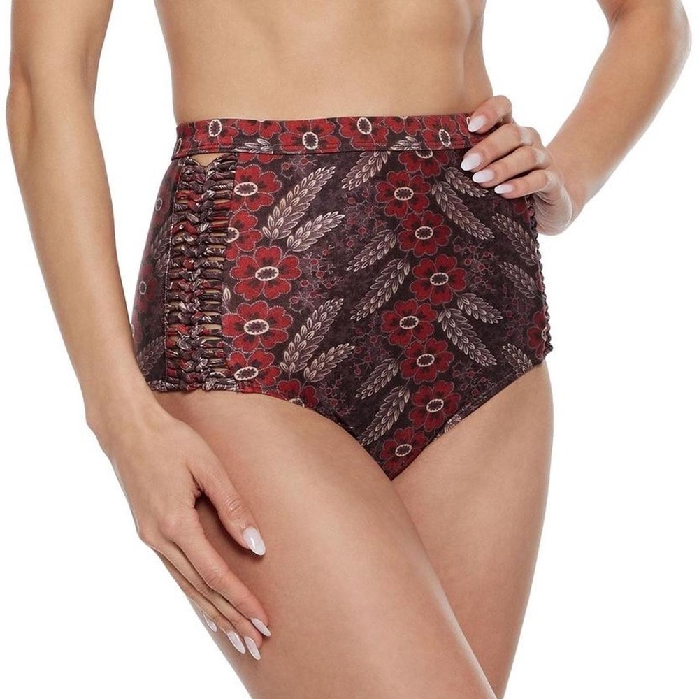 NWT Zimmerman High-Waist Floral Lace-Up Bikini Bottoms - Burgundy Floral